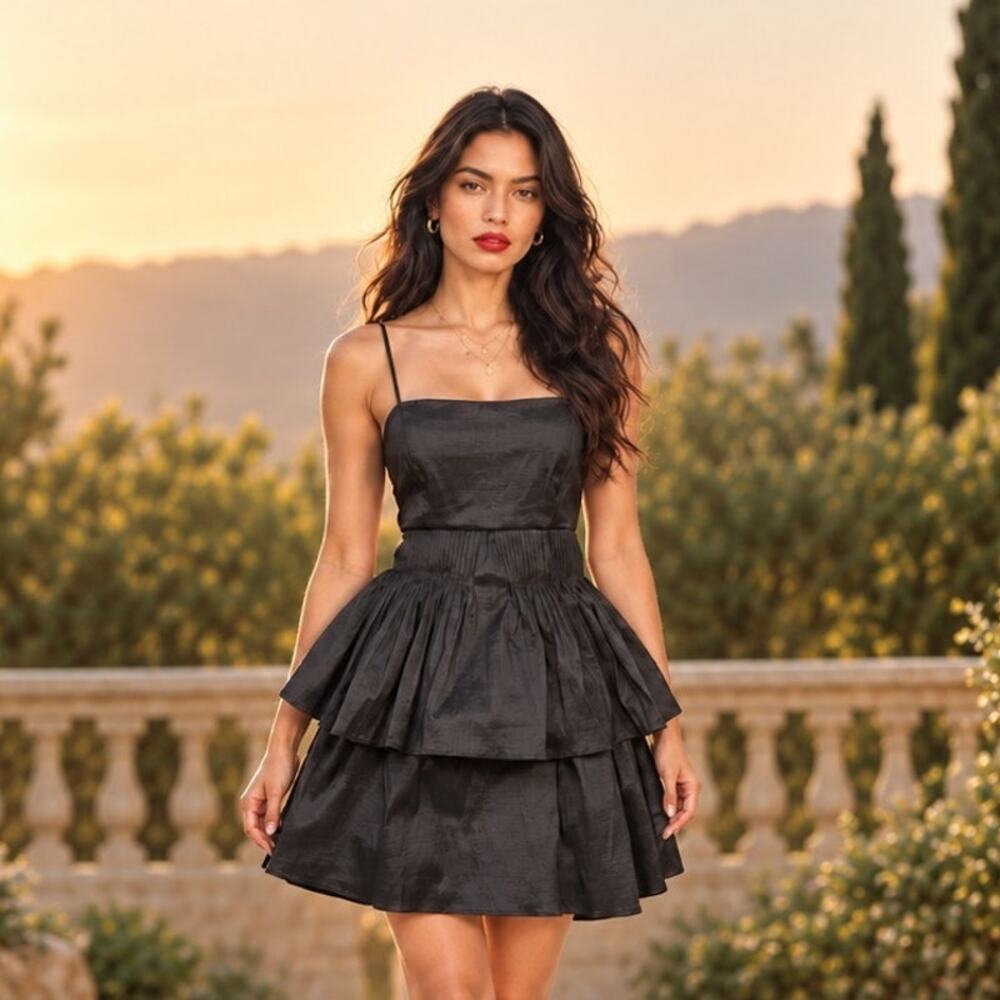 Siena Black Stretch Taffeta Pleated Waist Tiered A-Line Mini Dress 2 NWT $148